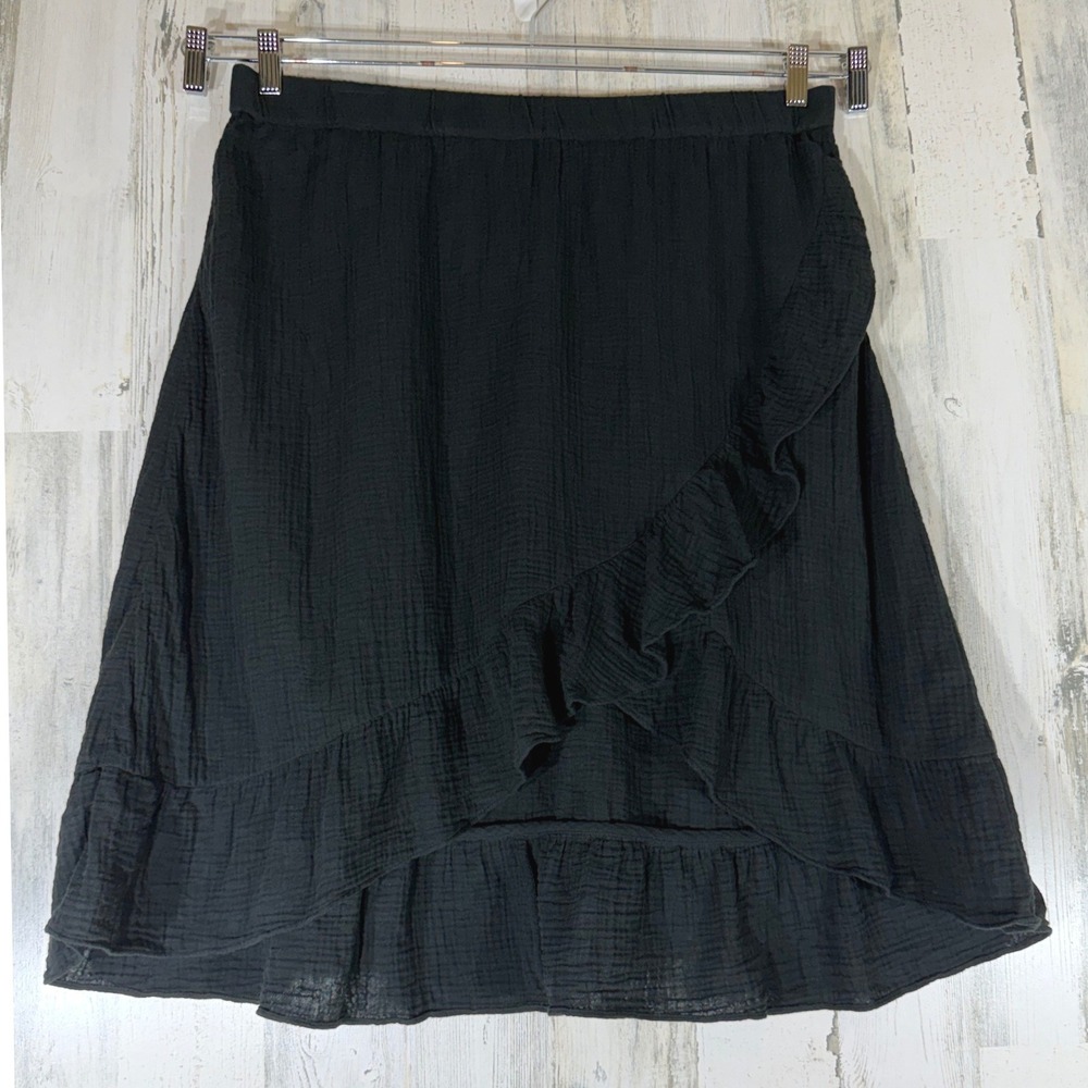 J Jill Faux Wrap Ruffle Skirt XLP Black Cotton Gauze High Low Boho Peasant Airy
